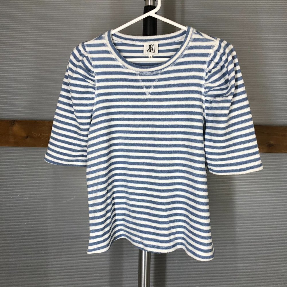 Anthropologie DRA Blue White Stripe Terry‎ Short Sleeve Puff Sleeves Sz S
